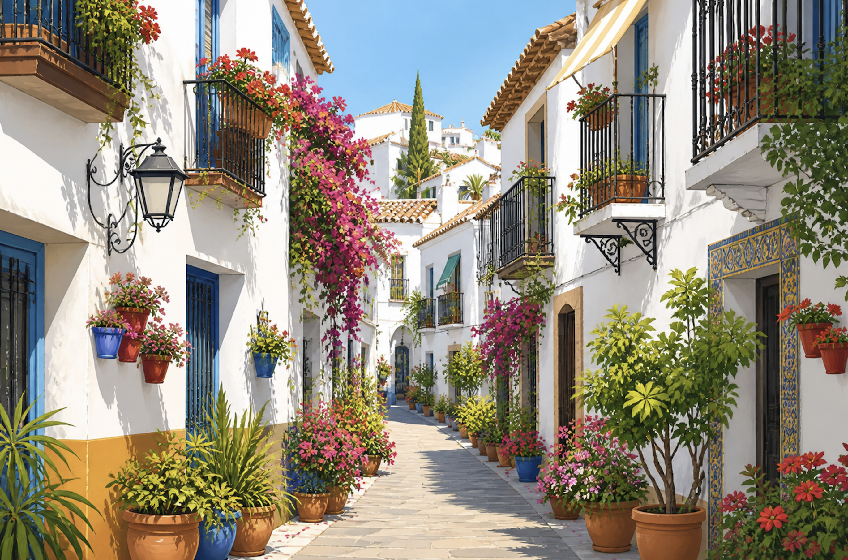Hvit spansk gate med blomster, balkonger og blå himmel på Costa del Sol